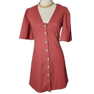 Hyped Unicorn puff bell short sleeve button down linen dress